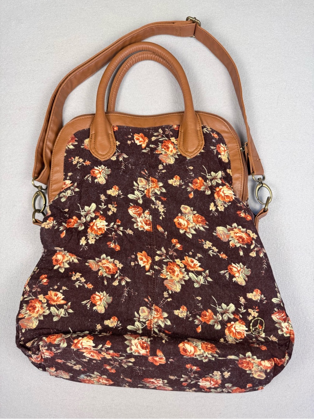 Floral Canvas Tote Bag with Tan Leather Trim
